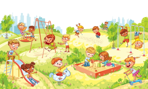 幼稚園の園庭で楽しく遊ぶ子どもたち