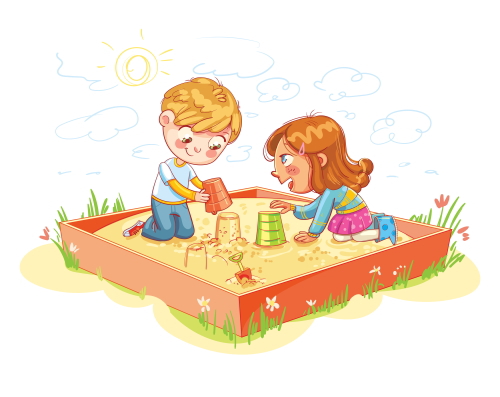 幼稚園の砂場で遊ぶ男の子と女の子。ユーキャンで勉強中