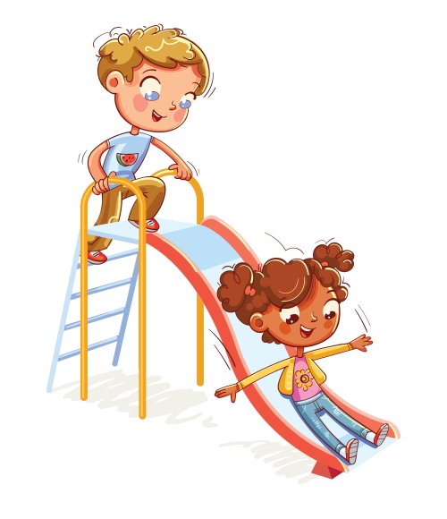 滑り台で遊ぶ5歳の男児と女児。ユーキャンの通信教育。